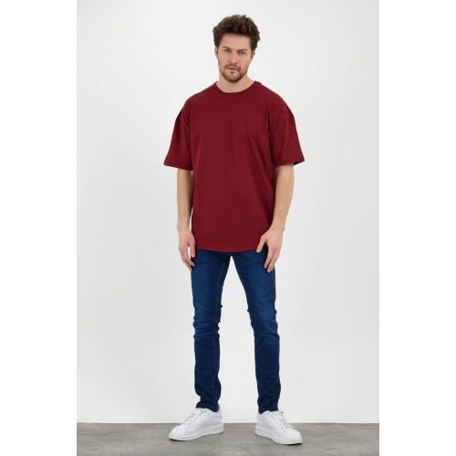 Erkek Oversize Kalıp Bordo Renk %100 Pamuklu T-Shirt